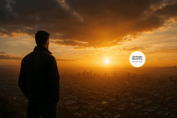 A person standing on a hillside overlooking a city at sunset, symbolizing resilience, clarity, and recovery in an unstable world.