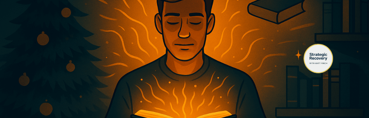 Illustration of a man experiencing a spiritual awakening while reading a glowing book during Christmas, symbolizing addiction recovery, sobriety, and a life-changing turning point.