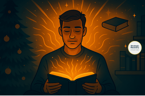 Illustration of a man experiencing a spiritual awakening while reading a glowing book during Christmas, symbolizing addiction recovery, sobriety, and a life-changing turning point.