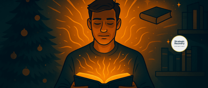 Illustration of a man experiencing a spiritual awakening while reading a glowing book during Christmas, symbolizing addiction recovery, sobriety, and a life-changing turning point.
