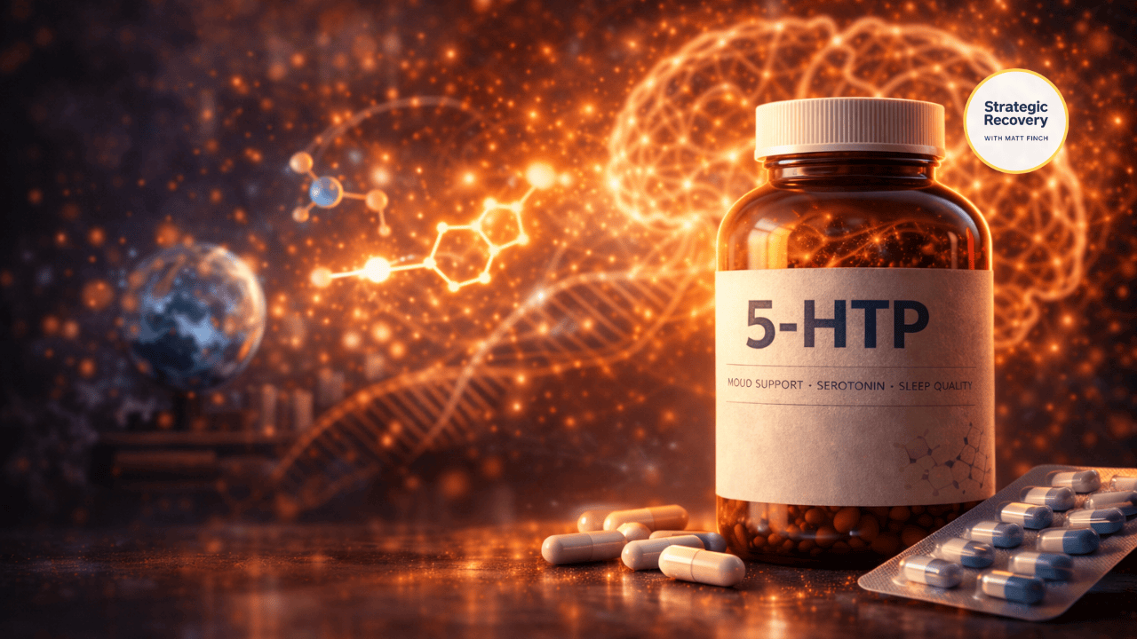 5-HTP supplement bottle with capsules against a glowing serotonin and brain background, representing direct serotonin precursor support in addiction recovery