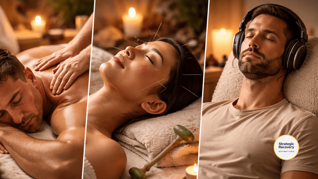Cinematic image showing massage therapy, acupuncture treatment, and calming audio with headphones, representing whole-system practices that support natural endorphin regulation.