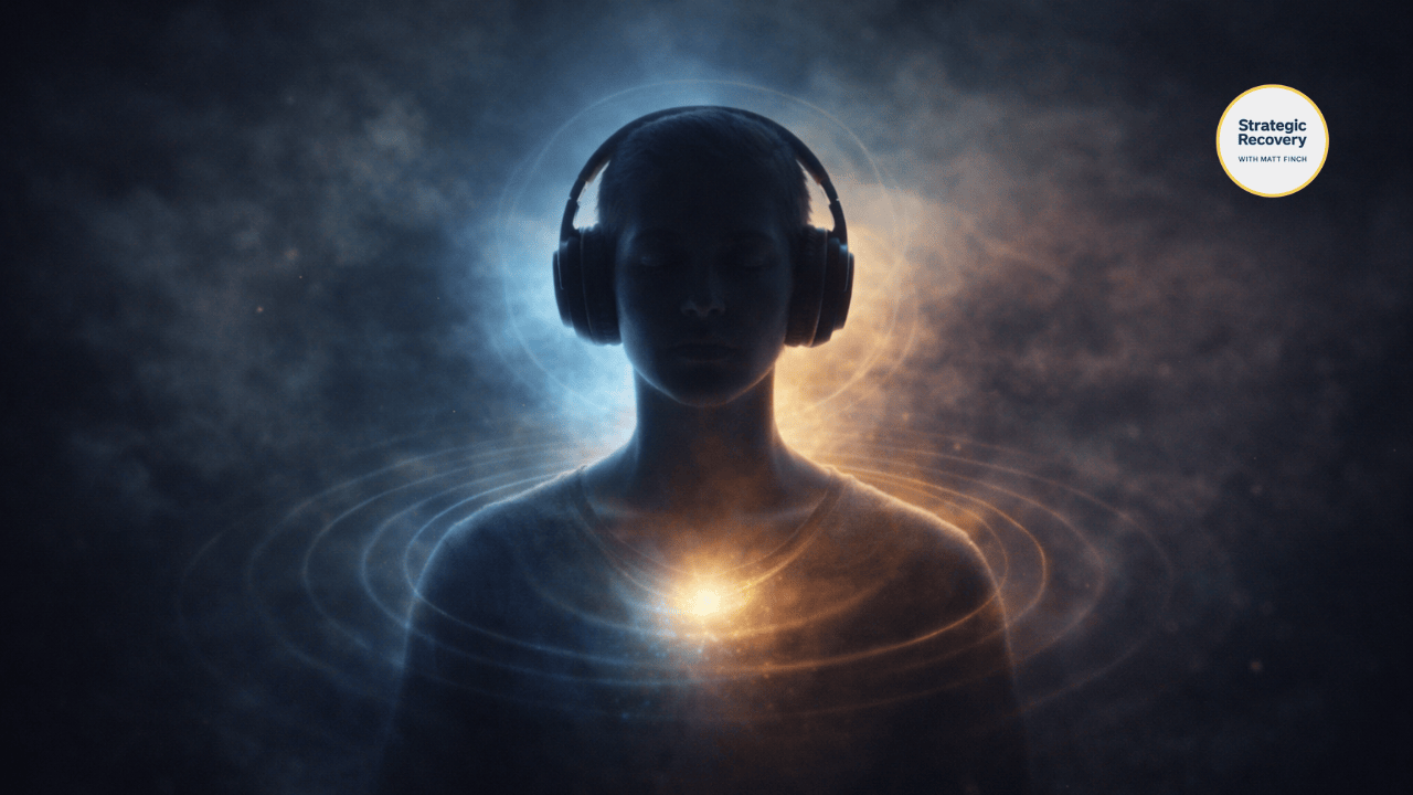 Calm human silhouette wearing headphones with eyes closed, soft blue and gold light radiating from the head and chest, representing nervous system regulation and recovery through sound.