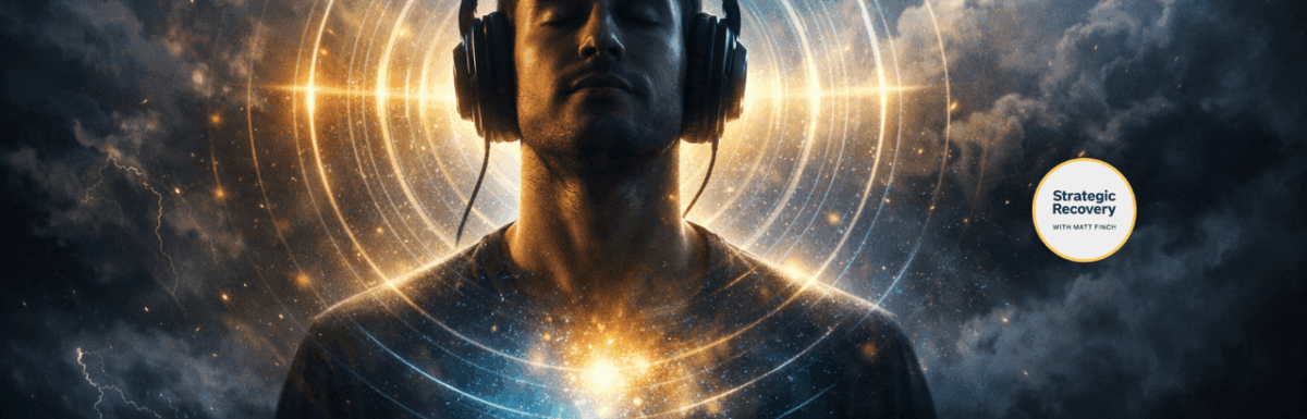 Calm human silhouette wearing headphones with eyes closed, glowing blue and gold sound waves radiating from the head and chest against a stormy background, representing audio therapy for nervous system regulation and addiction recovery.