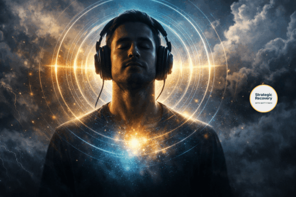 Calm human silhouette wearing headphones with eyes closed, glowing blue and gold sound waves radiating from the head and chest against a stormy background, representing audio therapy for nervous system regulation and addiction recovery.