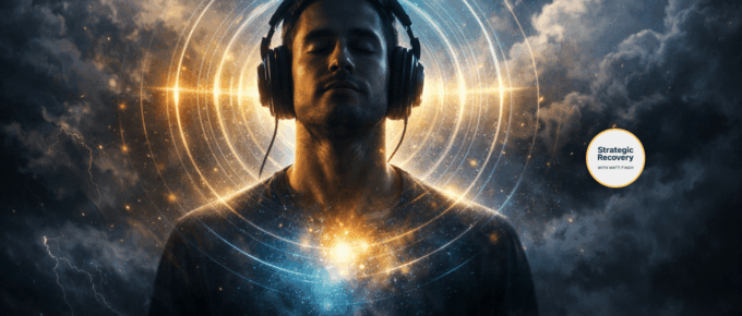 Calm human silhouette wearing headphones with eyes closed, glowing blue and gold sound waves radiating from the head and chest against a stormy background, representing audio therapy for nervous system regulation and addiction recovery.