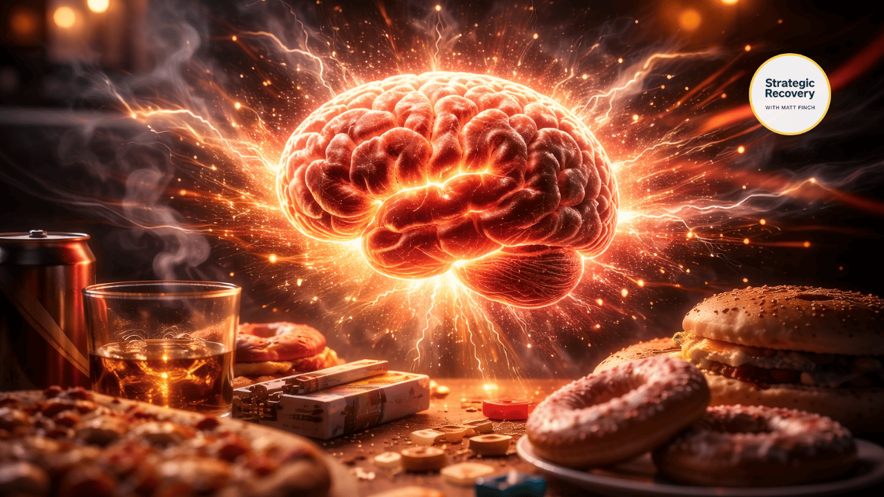 A brain and craving cues illustrating how a blood sugar crash intensifies cravings and conditions the addiction loop