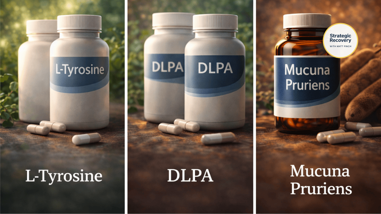 Triptych image showing three supplement bottles labeled L-Tyrosine, DLPA, and Mucuna Pruriens, representing different pathways of catecholamine and dopamine support in addiction recovery