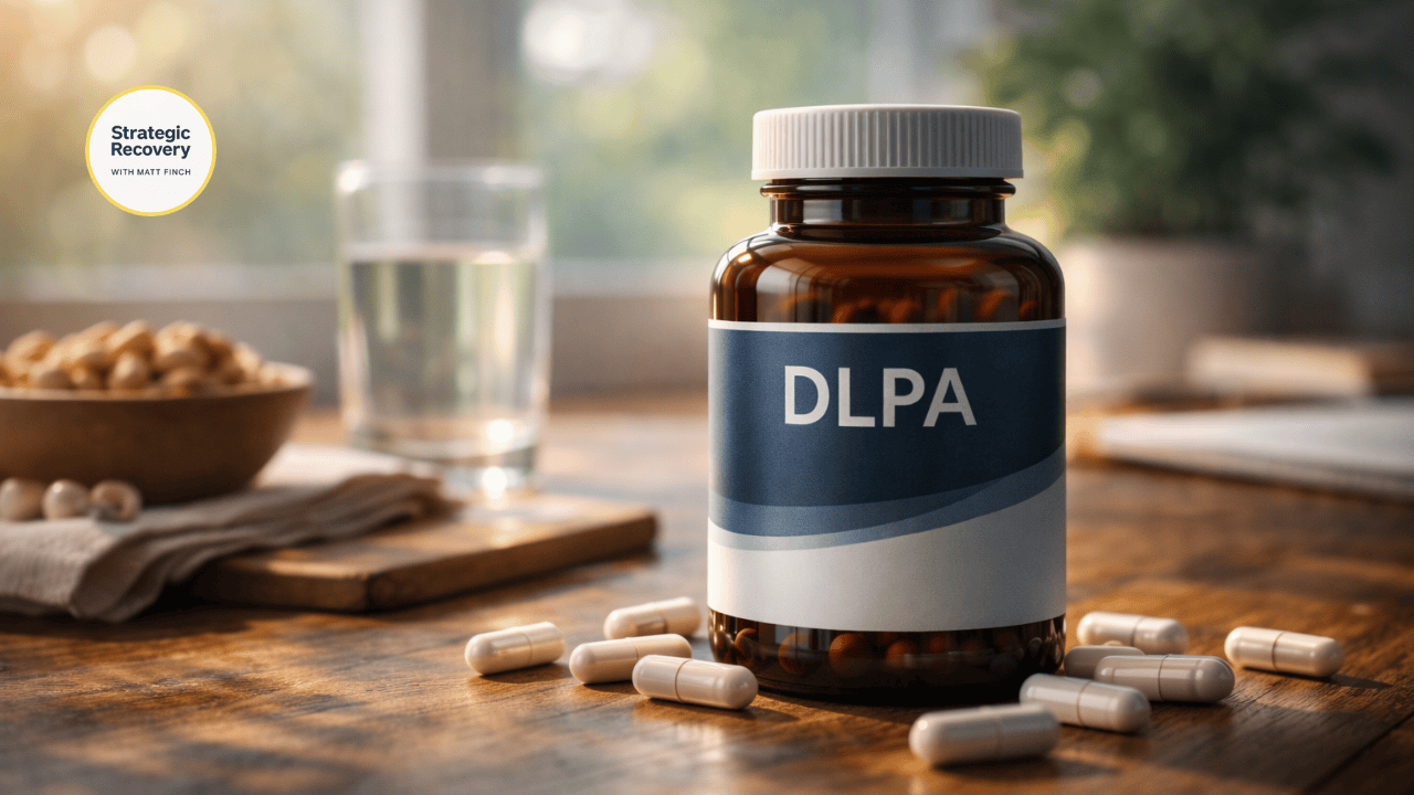 Dark amber supplement bottle labeled “DLPA” on a wooden surface with capsules nearby, representing catecholamine and endorphin support for motivation, emotional resilience, and recovery