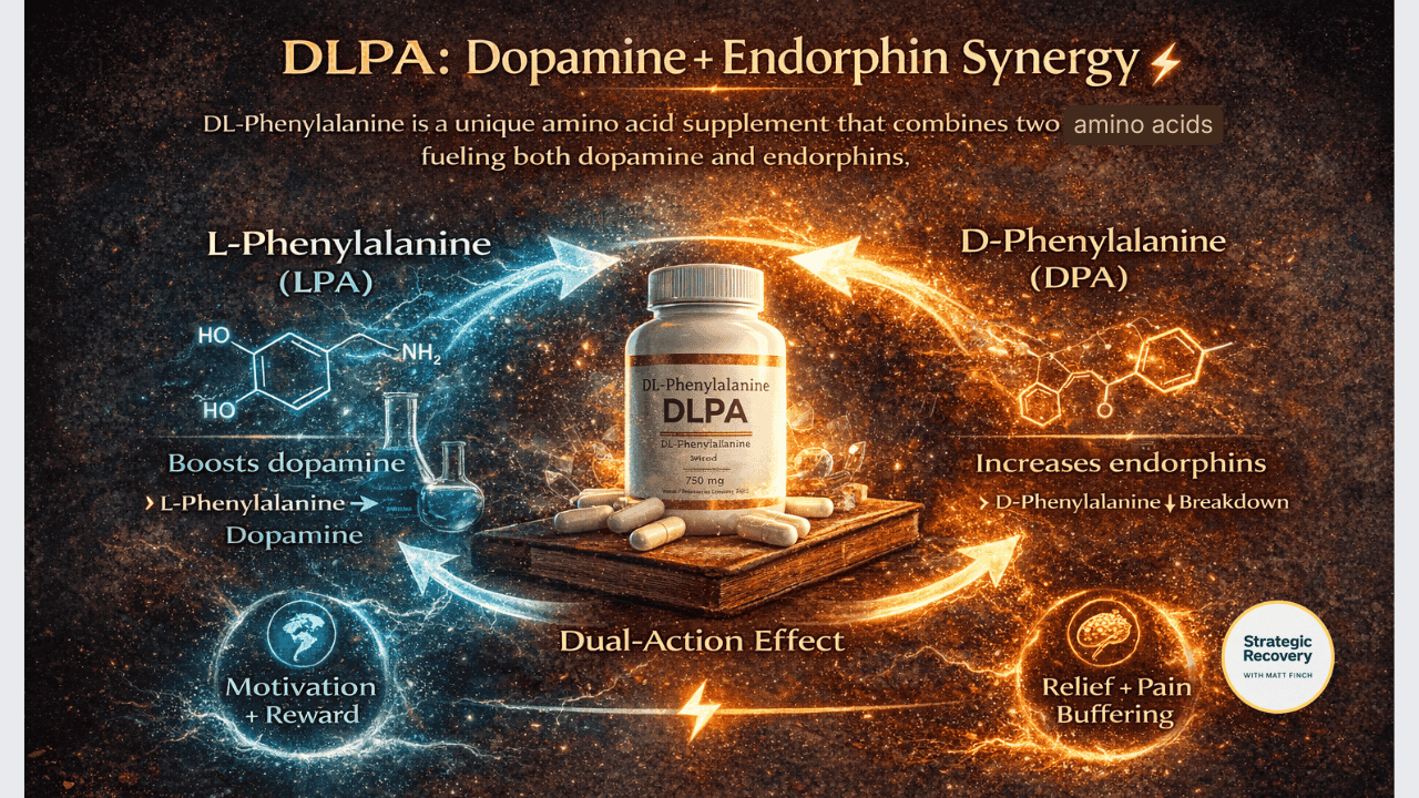 Infographic explaining DLPA dopamine and endorphin synergy, showing L-phenylalanine supporting dopamine and D-phenylalanine slowing endorphin breakdown to create dual-action recovery support.