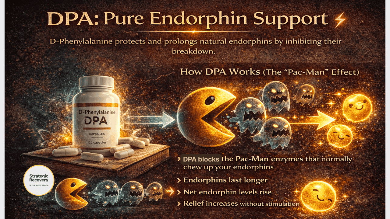 Infographic illustrating D-phenylalanine (DPA) protecting endorphins by inhibiting endorphin-degrading enzymes, using a Pac-Man metaphor to show longer-lasting natural relief.