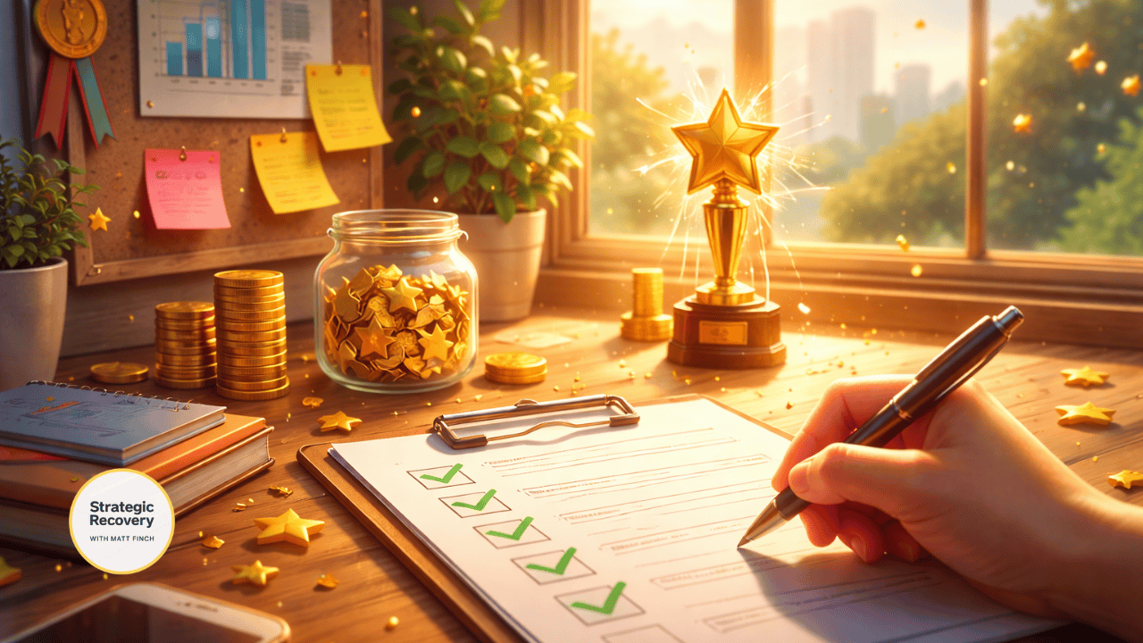 A sunlit workspace showing a completed checklist, progress tracking, and small rewards, symbolizing effort-reward balance and dopamine-driven motivation.