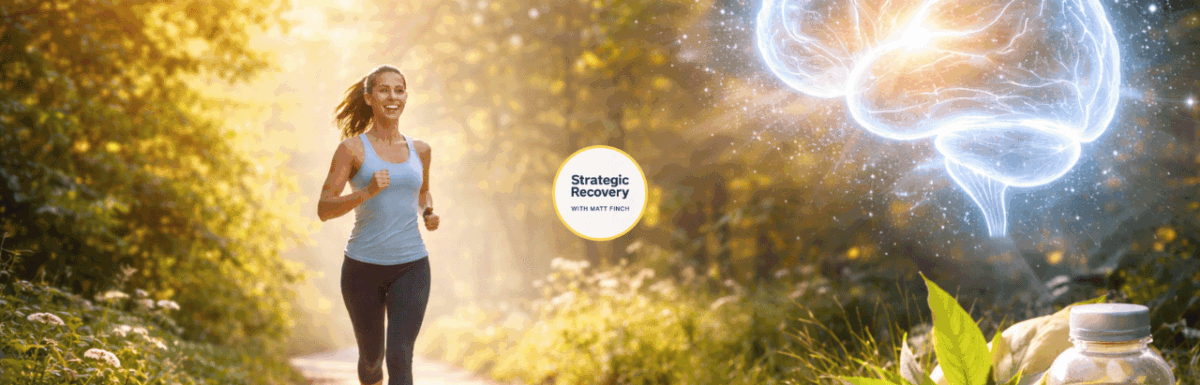 Cinematic scene of outdoor movement and natural relief symbolizing endorphin optimization for addiction recovery, with sunlight, nature, and calm brain-centered healing.