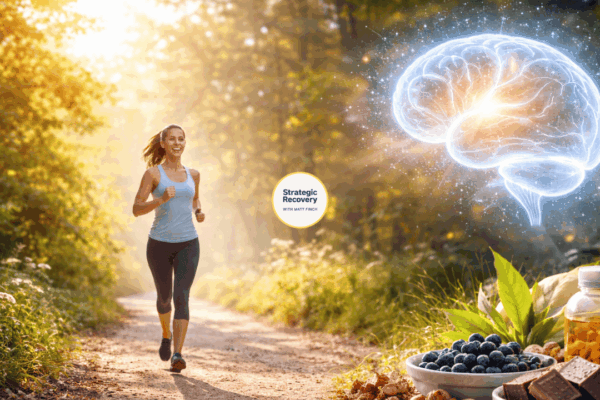 Cinematic scene of outdoor movement and natural relief symbolizing endorphin optimization for addiction recovery, with sunlight, nature, and calm brain-centered healing.