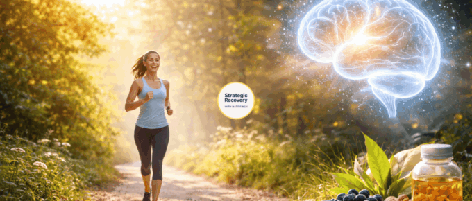 Cinematic scene of outdoor movement and natural relief symbolizing endorphin optimization for addiction recovery, with sunlight, nature, and calm brain-centered healing.