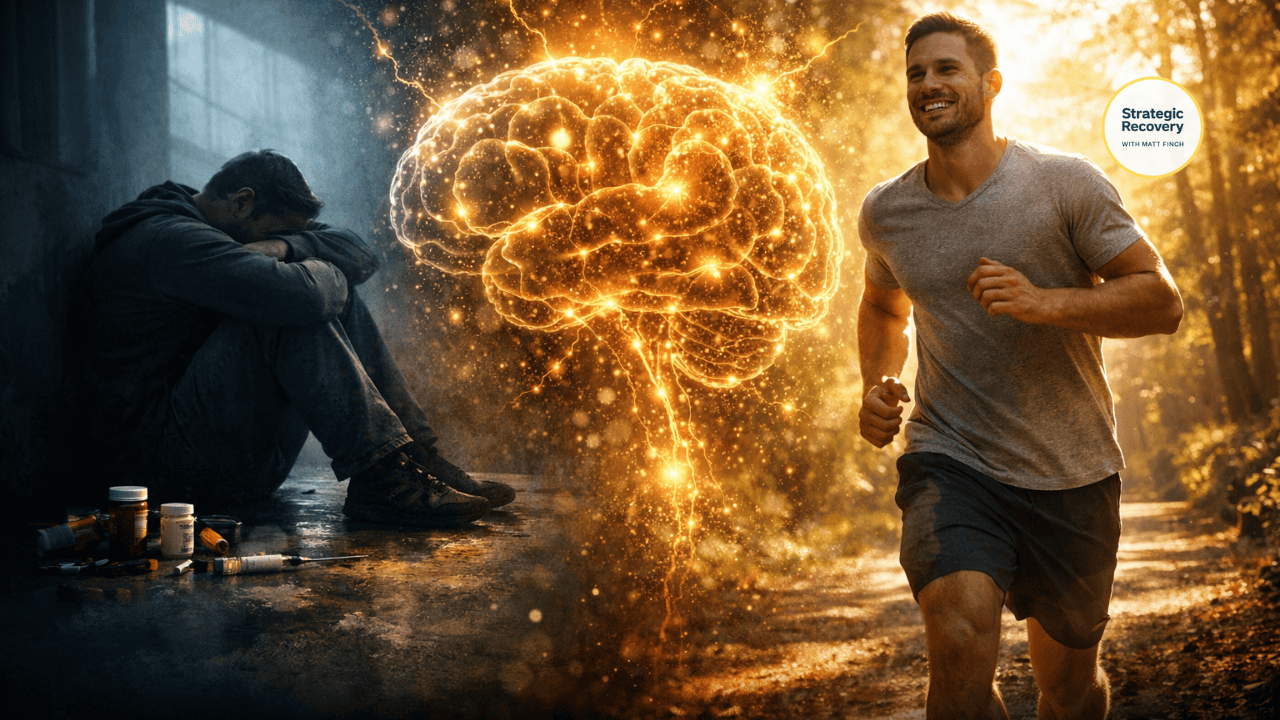 Cinematic image showing the transition from addiction distress to recovery, symbolizing restored endorphin balance and nervous system healing.