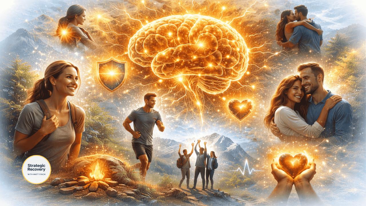 Cinematic image showing the transition from addiction distress to recovery, symbolizing restored endorphin balance and nervous system healing.