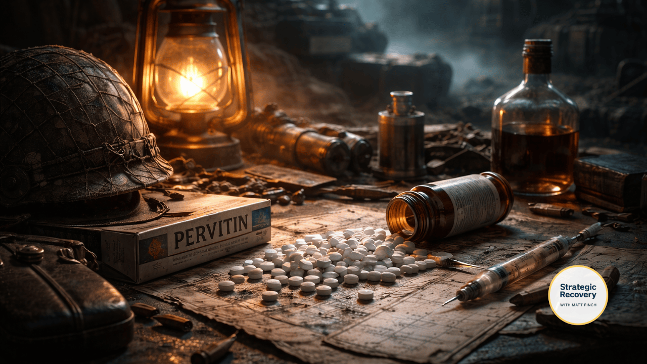 Cinematic still life of stimulants and medical tools on a map, symbolizing forced performance and nervous system collapse.