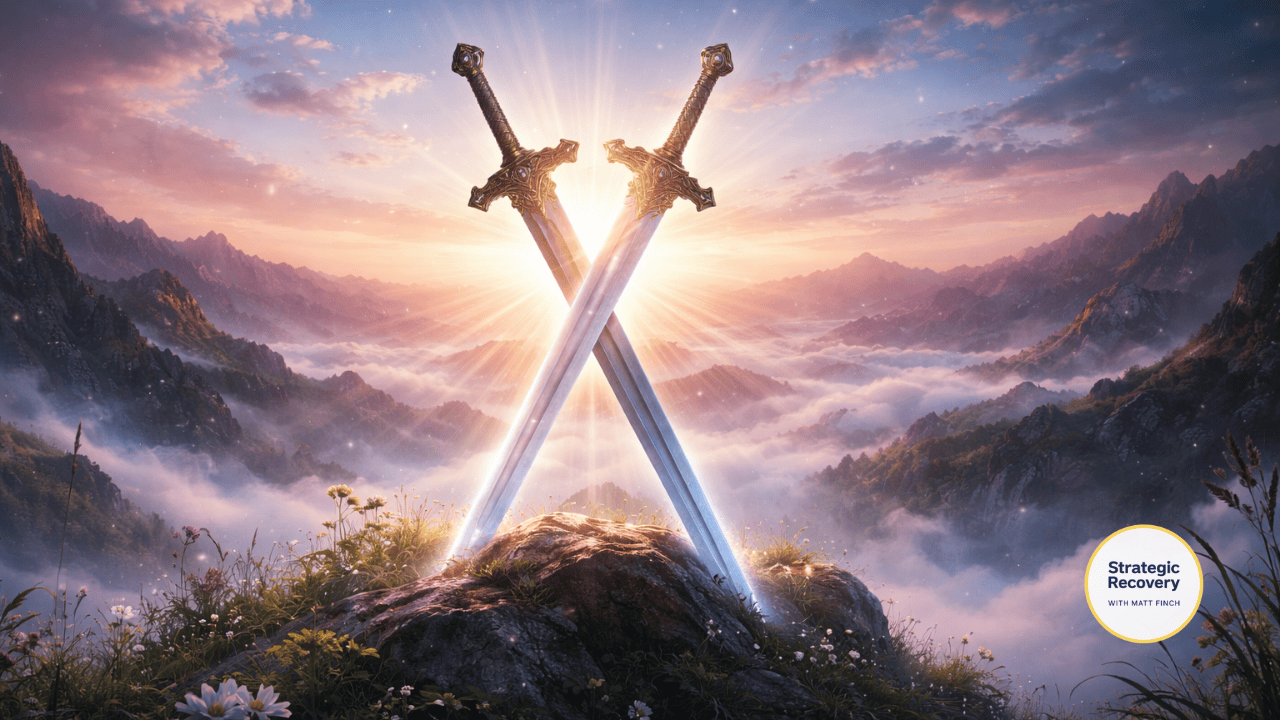 Crossed swords illuminated above a sea of clouds, symbolizing strategic recovery, inner mastery, and choosing the right terrain.