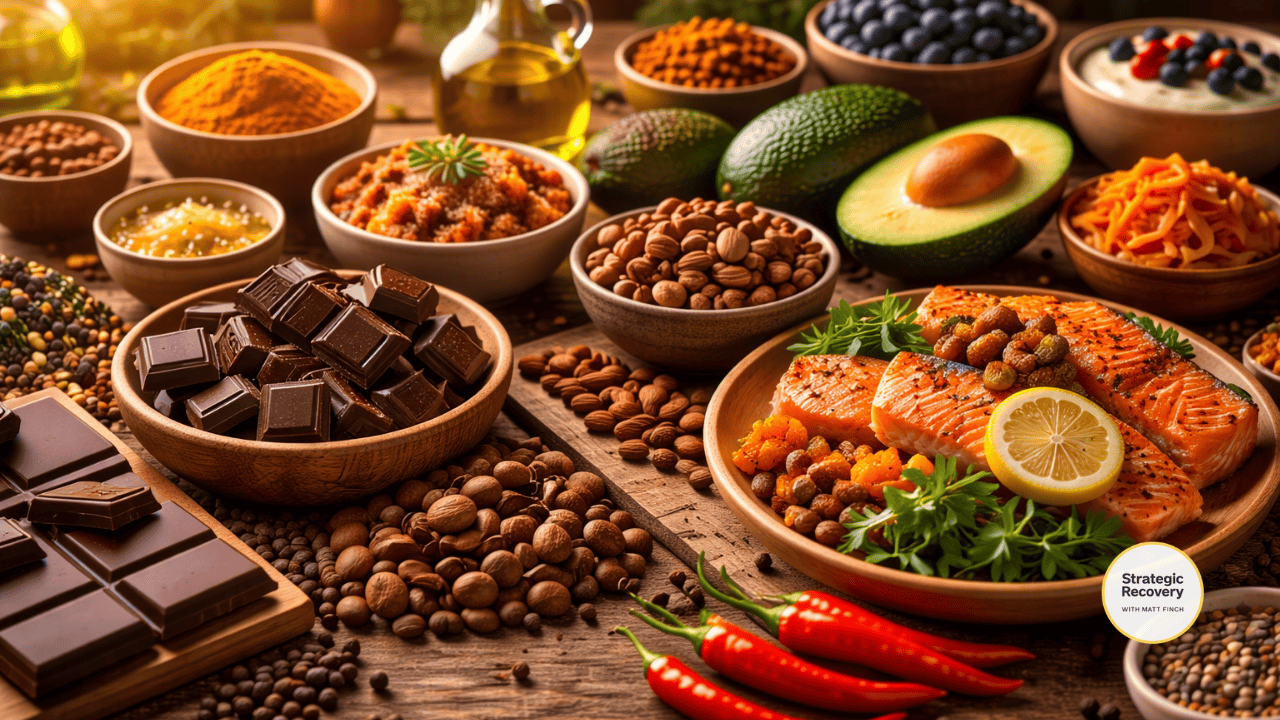 Cinematic image of endorphin-supportive foods including cacao, chili peppers, protein-rich foods, omega-3 sources, and fermented foods arranged on a wooden table.