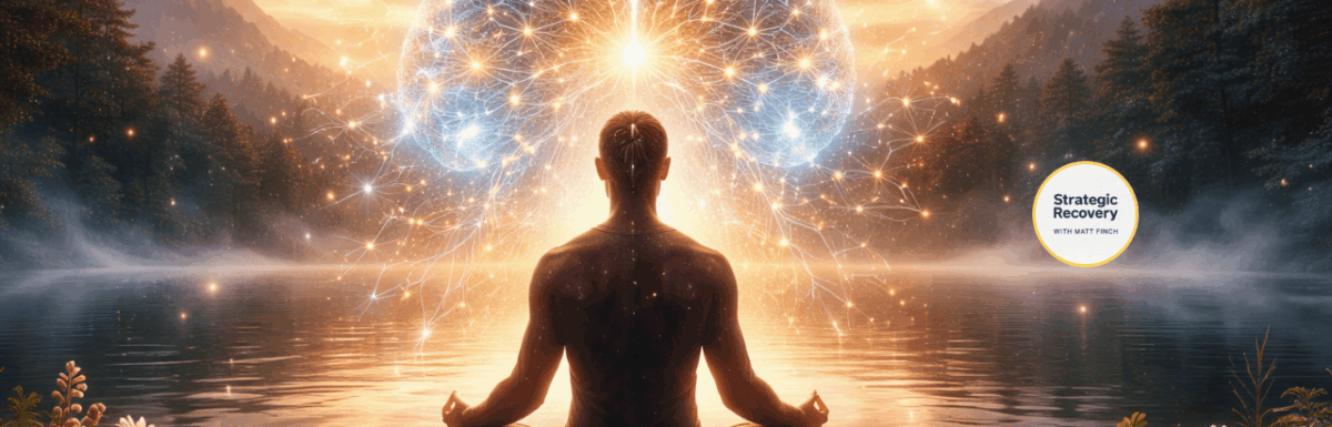 Cinematic image of a calm figure seated by a tranquil lake with a glowing neural brain field above the head, symbolizing GABA optimization, nervous system regulation, and addiction recovery.