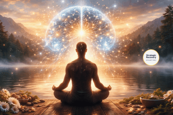 Cinematic image of a calm figure seated by a tranquil lake with a glowing neural brain field above the head, symbolizing GABA optimization, nervous system regulation, and addiction recovery.