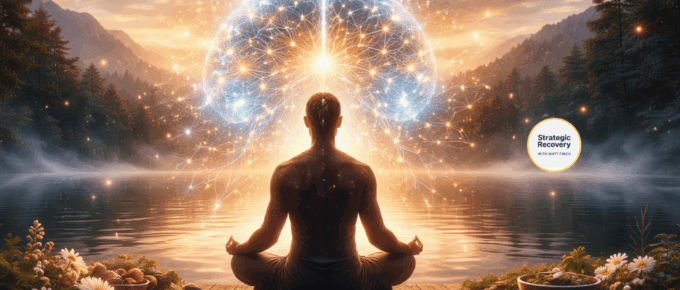 Cinematic image of a calm figure seated by a tranquil lake with a glowing neural brain field above the head, symbolizing GABA optimization, nervous system regulation, and addiction recovery.