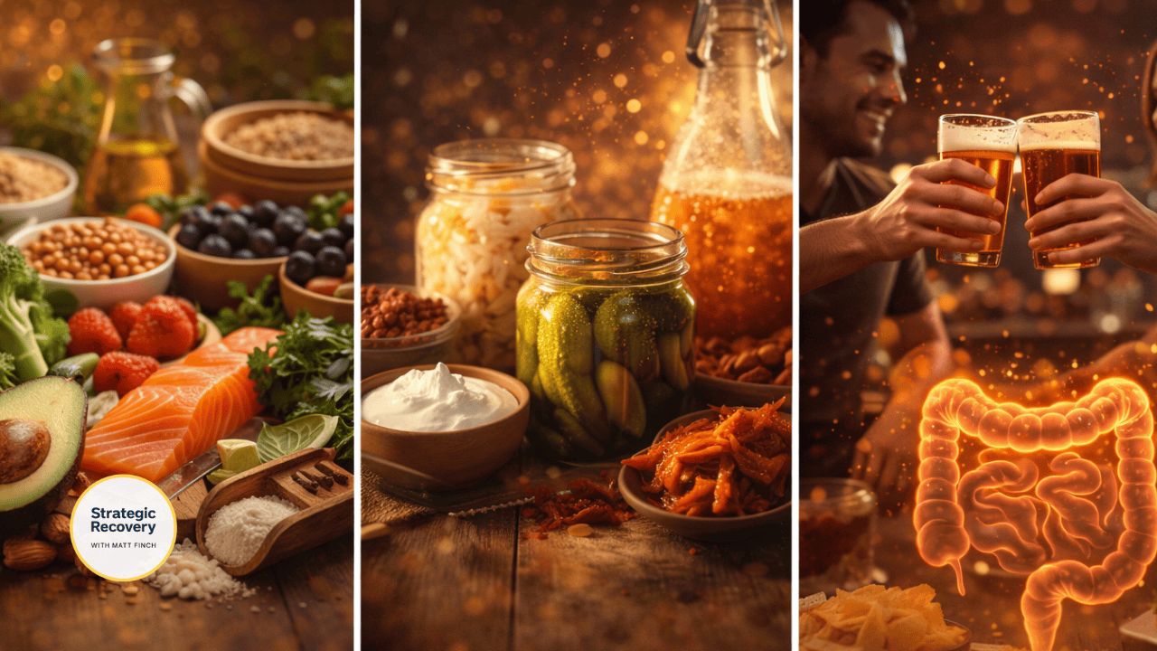 Cinematic triptych showing gut-friendly whole foods, fermented foods, and a calm daily routine symbolizing the gut–brain connection and serotonin support.