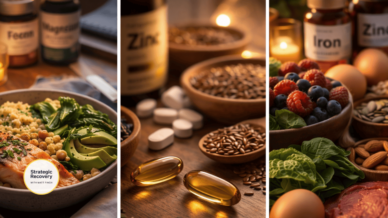 Whole foods and essential nutrients that support serotonin health, including protein, magnesium, zinc, iron, and omega-3 fatty acids, shown in a cinematic recovery-focused composition