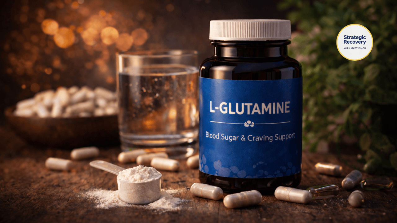 Blue-labeled L-glutamine supplement with powder scoop and glass of water, symbolizing blood sugar stability and nervous system safety