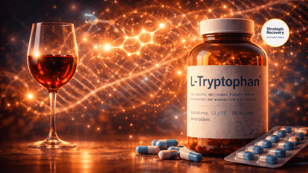 L-tryptophan supplement capsules beside a glass of wine, symbolizing natural serotonin support versus alcohol-based emotional relief in addiction recovery.