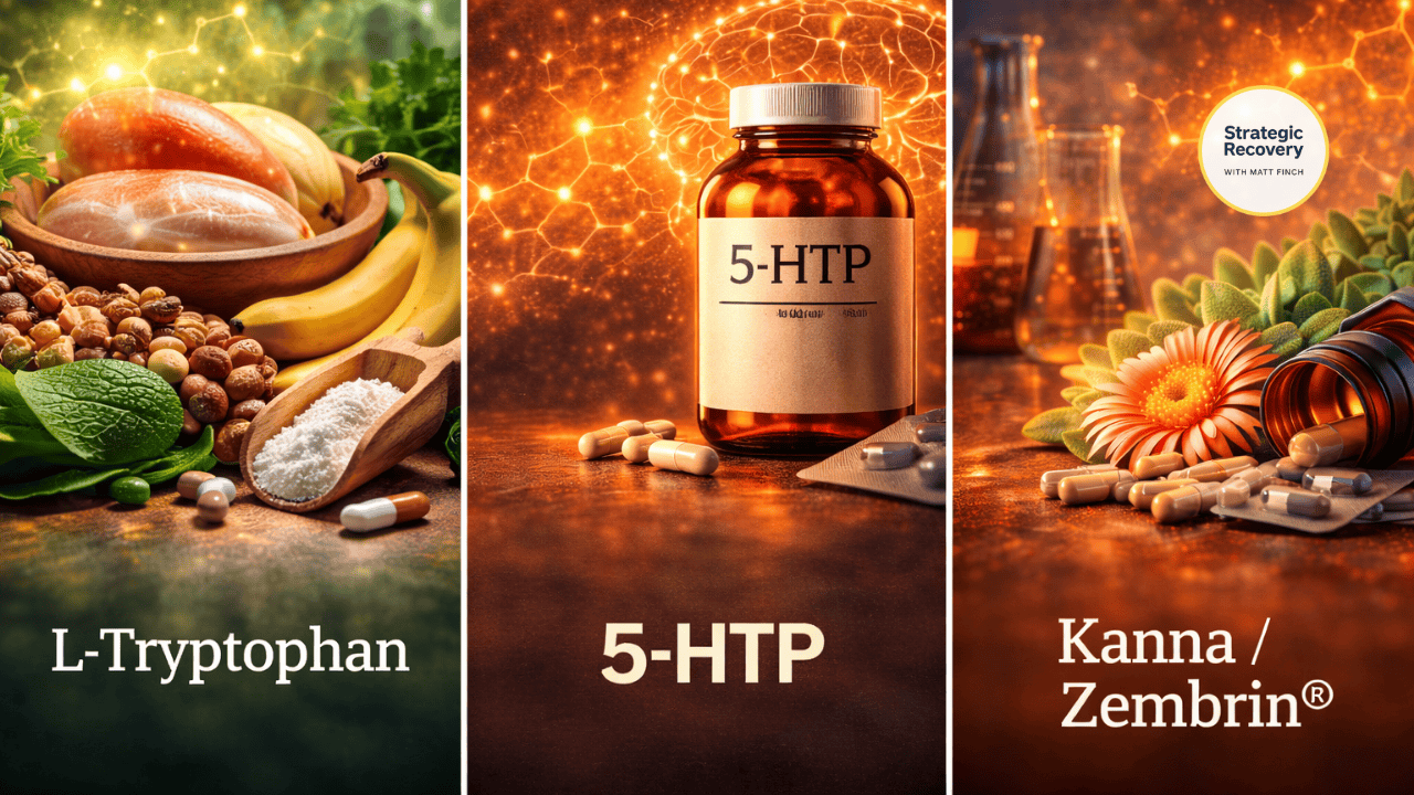 Visual comparison of L-Tryptophan, 5-HTP, and Kanna/Zembrin® showing three distinct serotonin support pathways used in addiction recovery