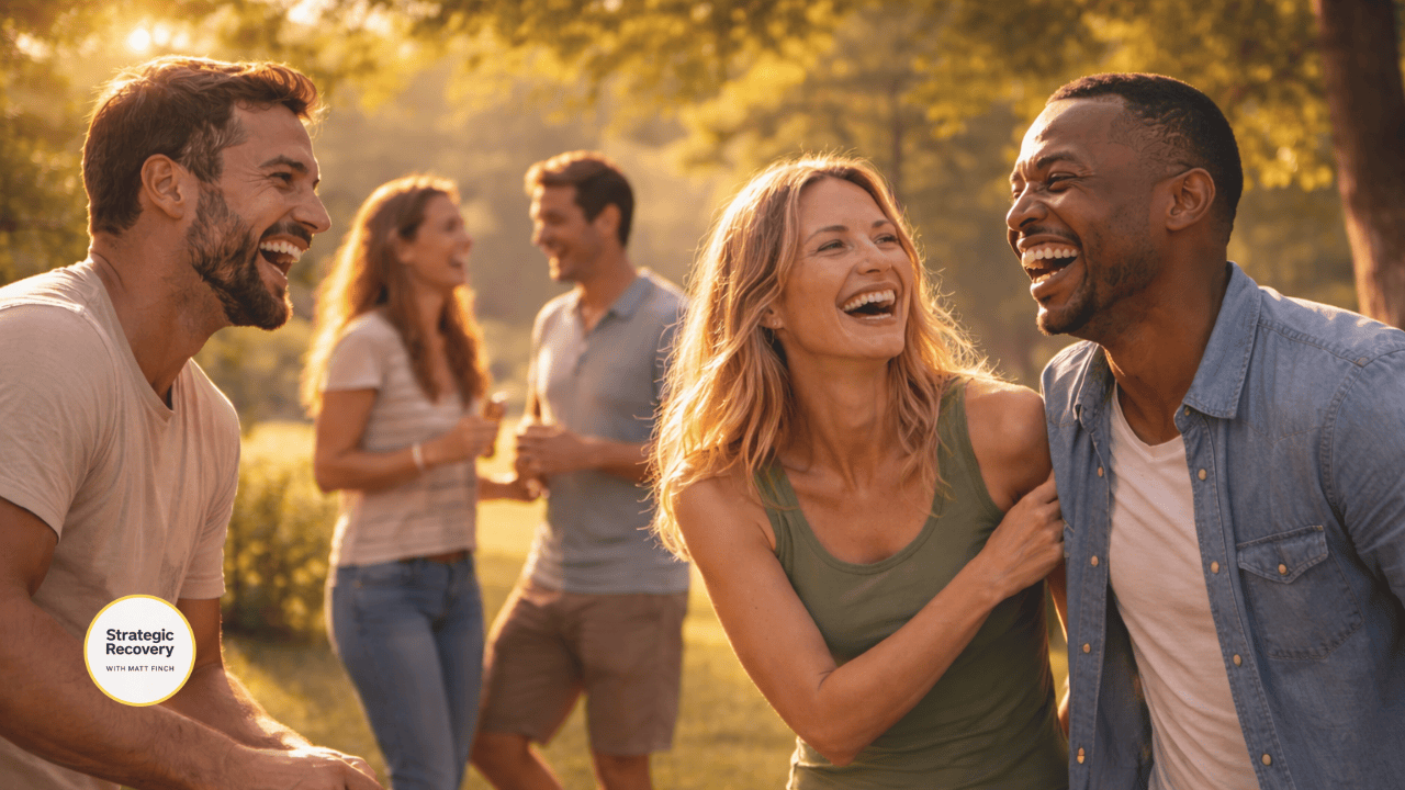 Cinematic image of people laughing and socializing together in a park, representing social connection and natural endorphin release.