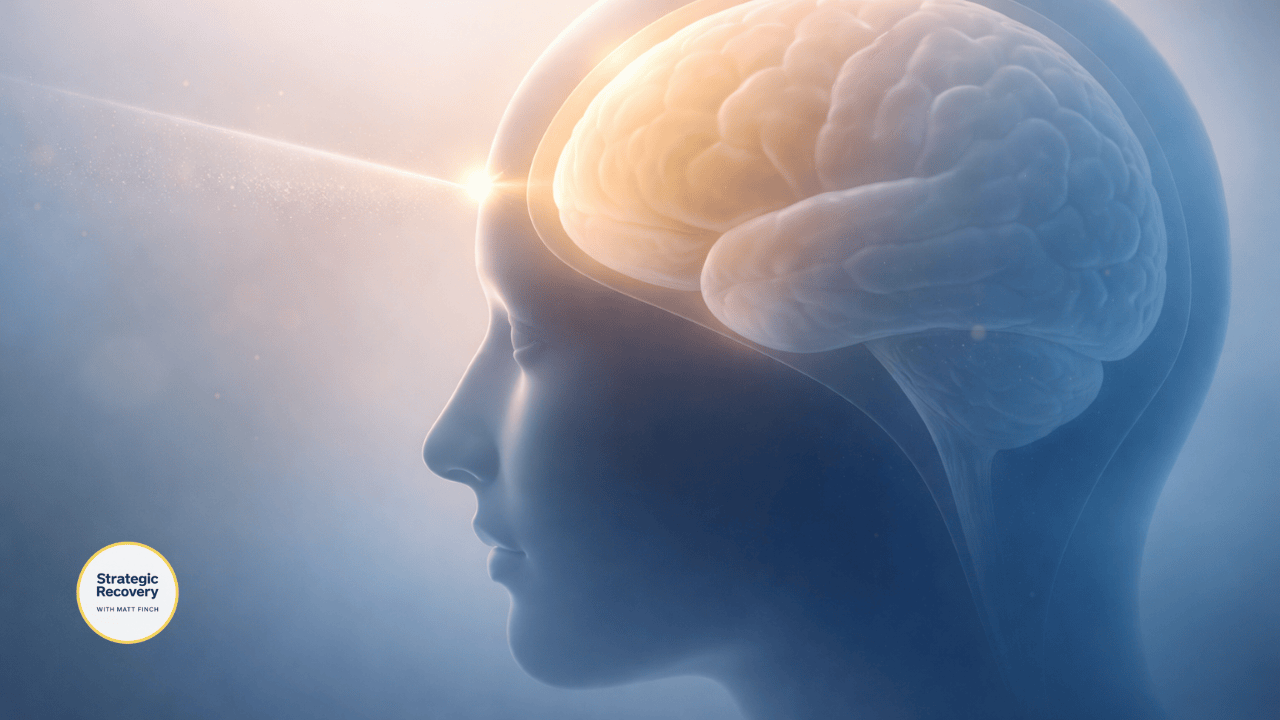 Minimal visualization of a calm human head silhouette with a softly glowing brain and a single light particle gently entering, symbolizing efficient and gentle bioavailability in recovery