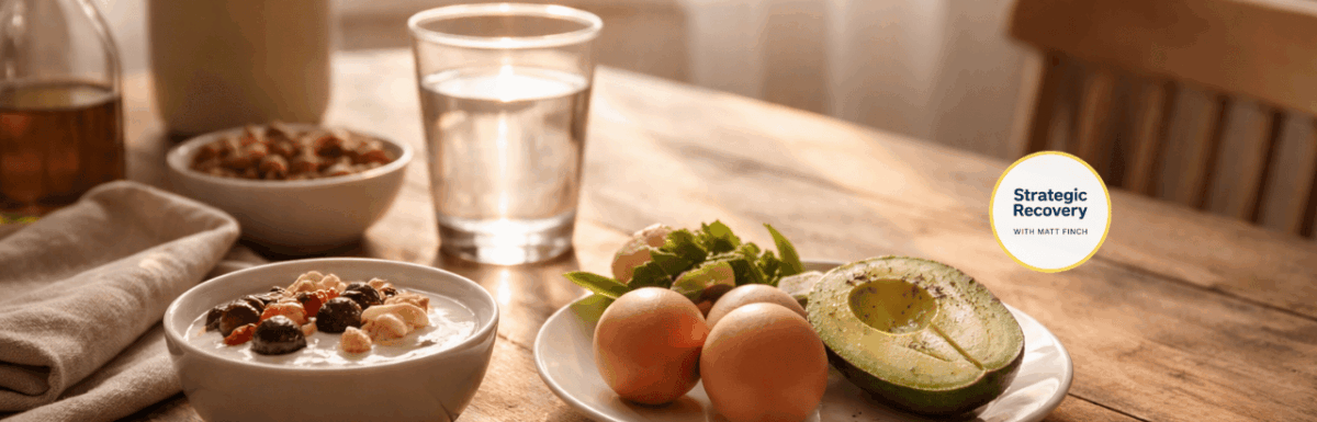 Calm morning kitchen scene with protein-rich breakfast foods symbolizing blood sugar stability and nervous system regulation in addiction recovery.