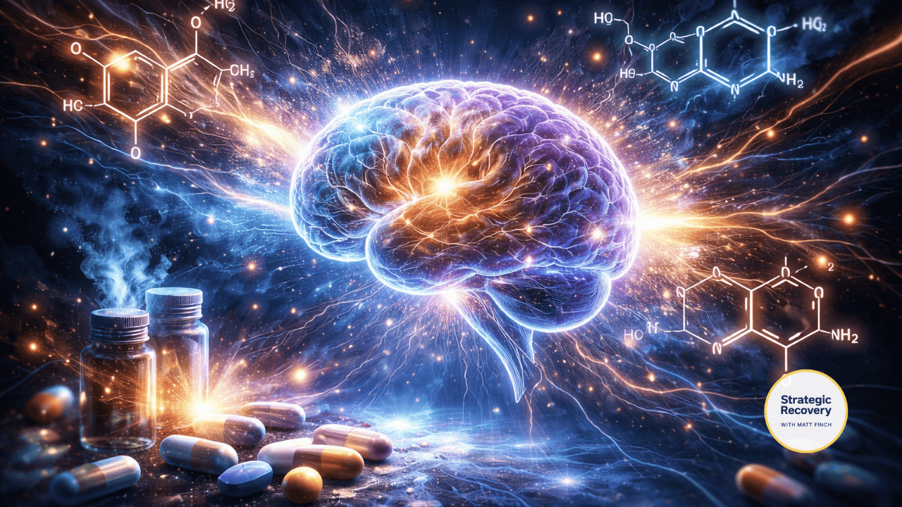 Cinematic illustration of catecholamine restoration in addiction recovery, showing a glowing human brain with dopamine-driven energy, focus, and motivation returning
