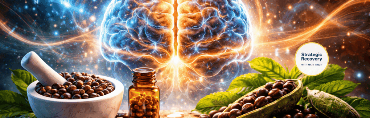 Cinematic illustration of dopamine restoration in addiction recovery, featuring a glowing human brain and Mucuna pruriens as a natural catecholamine support