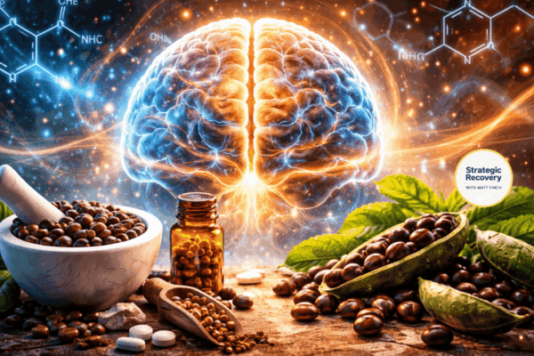 Cinematic illustration of dopamine restoration in addiction recovery, featuring a glowing human brain and Mucuna pruriens as a natural catecholamine support