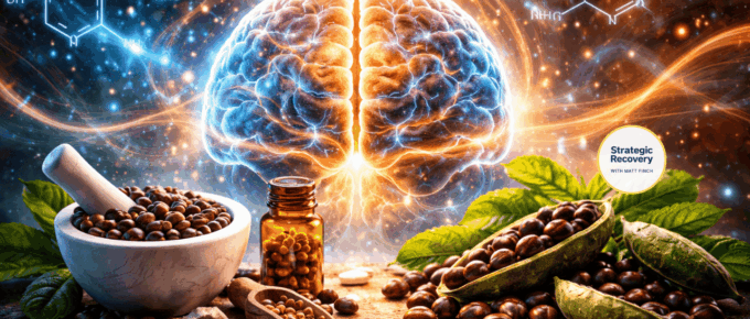 Cinematic illustration of dopamine restoration in addiction recovery, featuring a glowing human brain and Mucuna pruriens as a natural catecholamine support