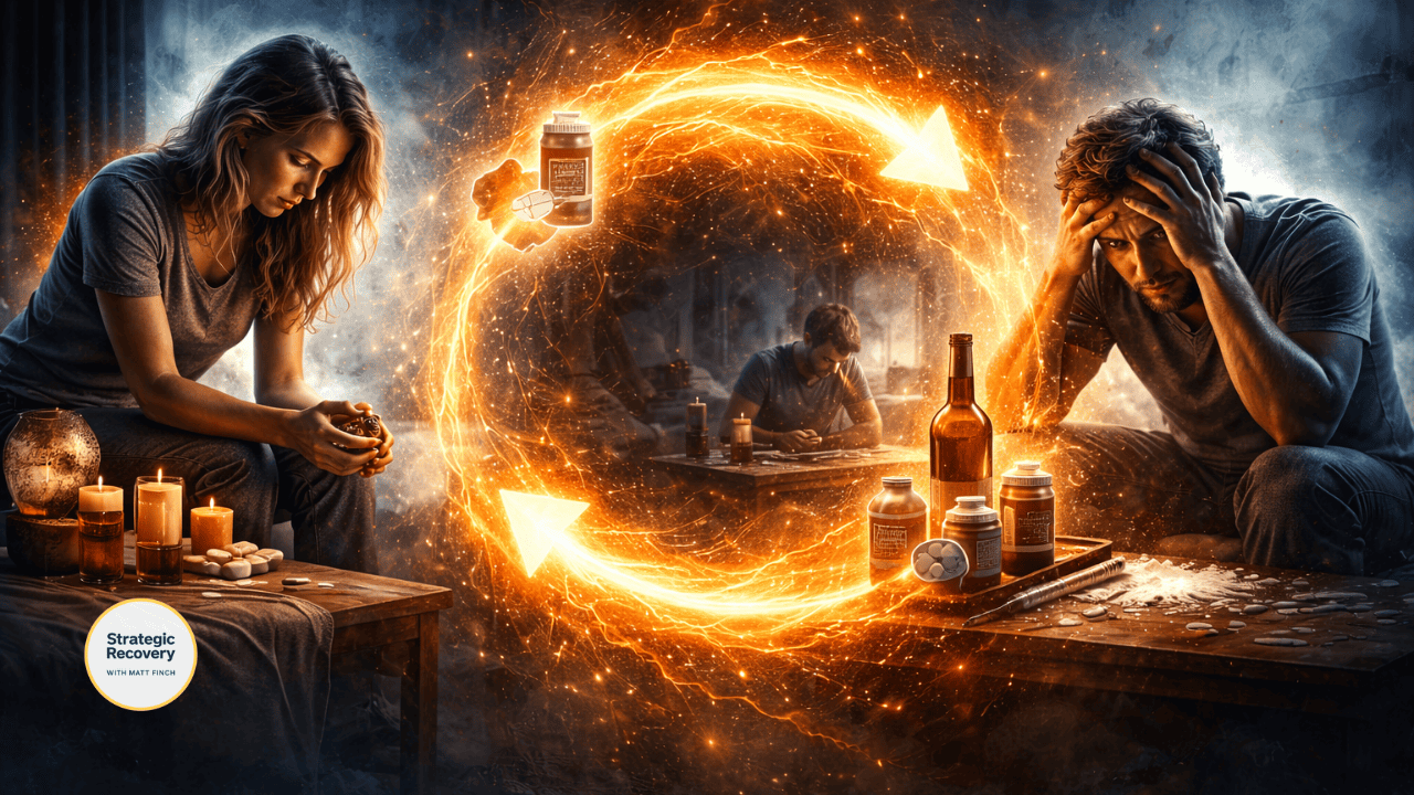 Cinematic image illustrating the low-endorphin addiction feedback loop, where temporary external relief reinforces reduced natural endorphin function over time.