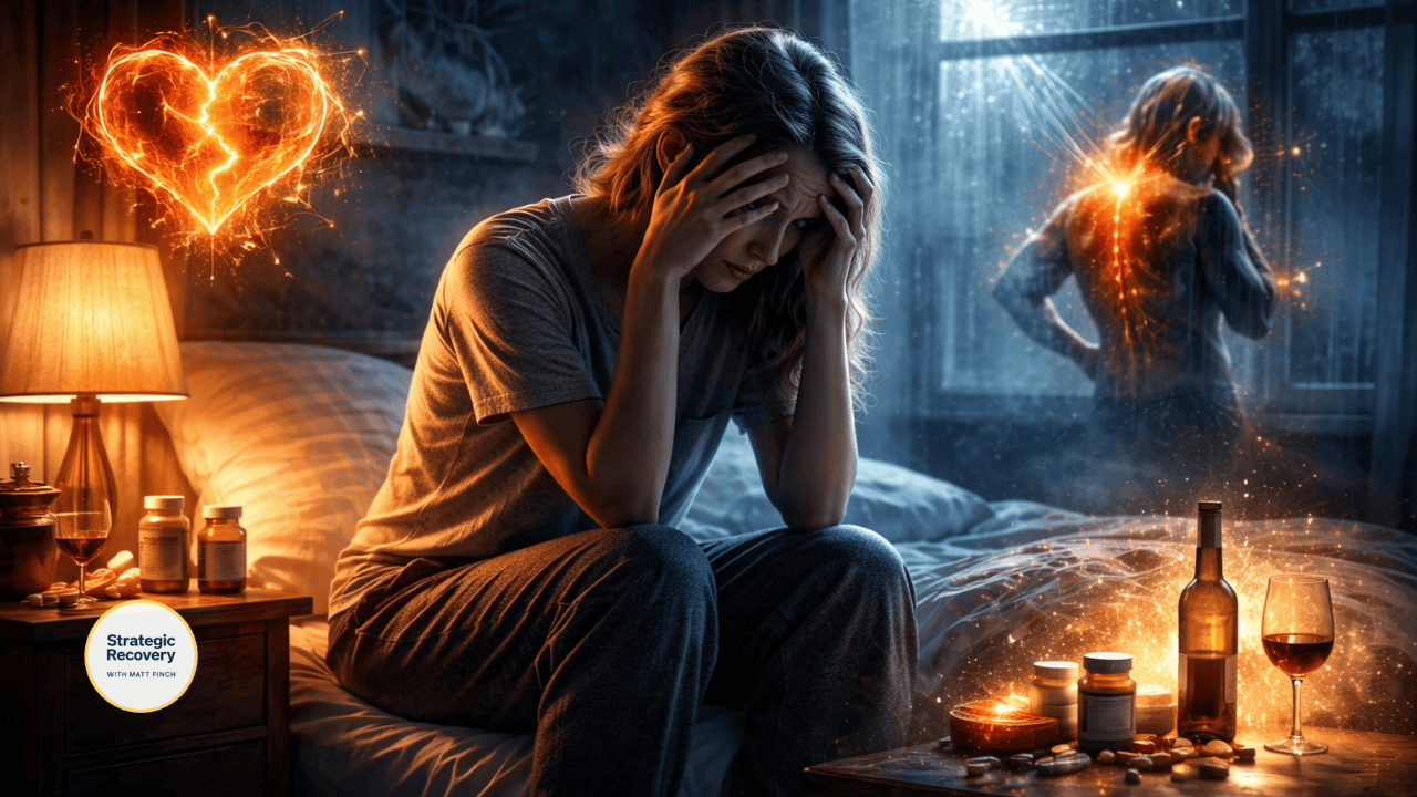 Cinematic image symbolizing low endorphins and nervous system rawness, showing emotional overwhelm and relief-seeking cues.