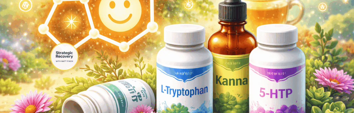 Illustration of serotonin support for addiction recovery featuring L-tryptophan, 5-HTP, and kanna supplements surrounded by calming natural elements and a glowing serotonin molecule.