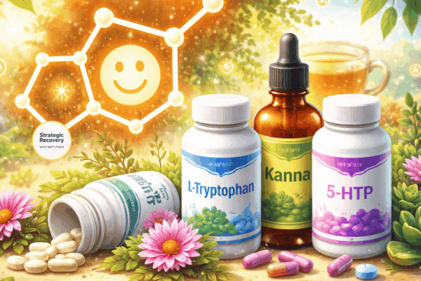 Illustration of serotonin support for addiction recovery featuring L-tryptophan, 5-HTP, and kanna supplements surrounded by calming natural elements and a glowing serotonin molecule.
