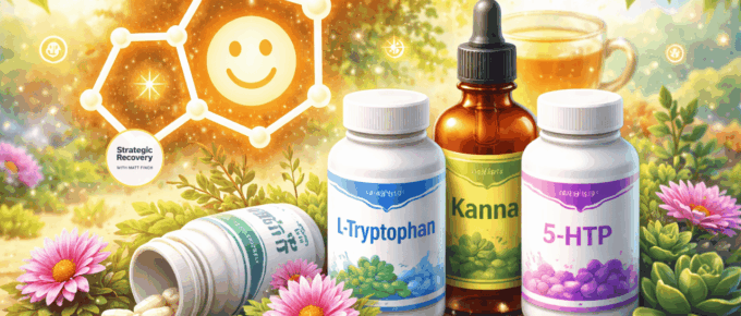 Illustration of serotonin support for addiction recovery featuring L-tryptophan, 5-HTP, and kanna supplements surrounded by calming natural elements and a glowing serotonin molecule.