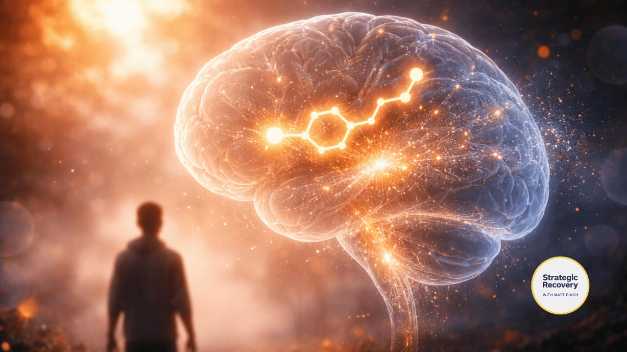 A calm forest path illuminated by soft sunlight with a glowing brain symbol, representing serotonin balance, emotional stability, and nervous system healing in addiction recovery.