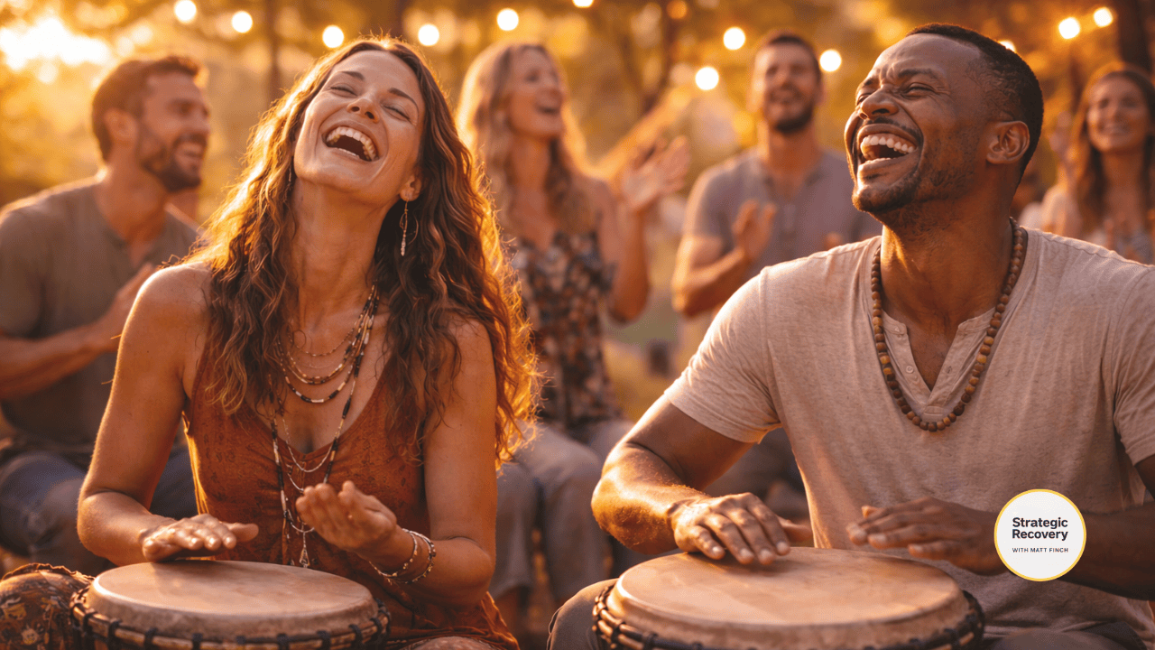 Cinematic image of people drumming and moving together outdoors, representing rhythm, breath synchrony, and natural endorphin release through collective experience.