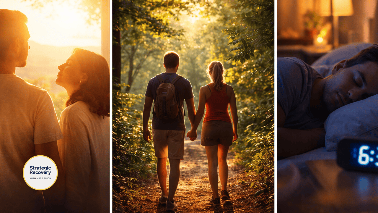 Triptych showing morning light exposure, daily outdoor time, and a consistent sleep-wake rhythm to support natural serotonin balance.