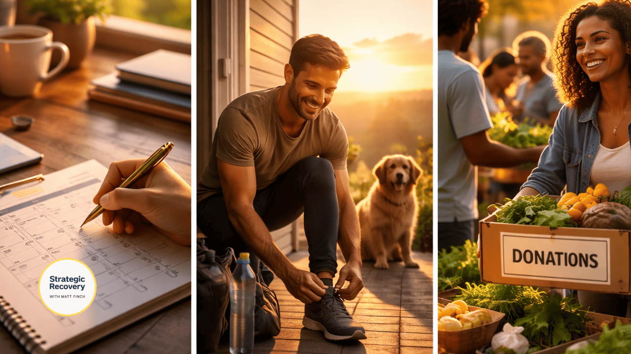 Triptych-style cinematic scenes symbolizing order, structure, and meaningful routine for nervous system stability.