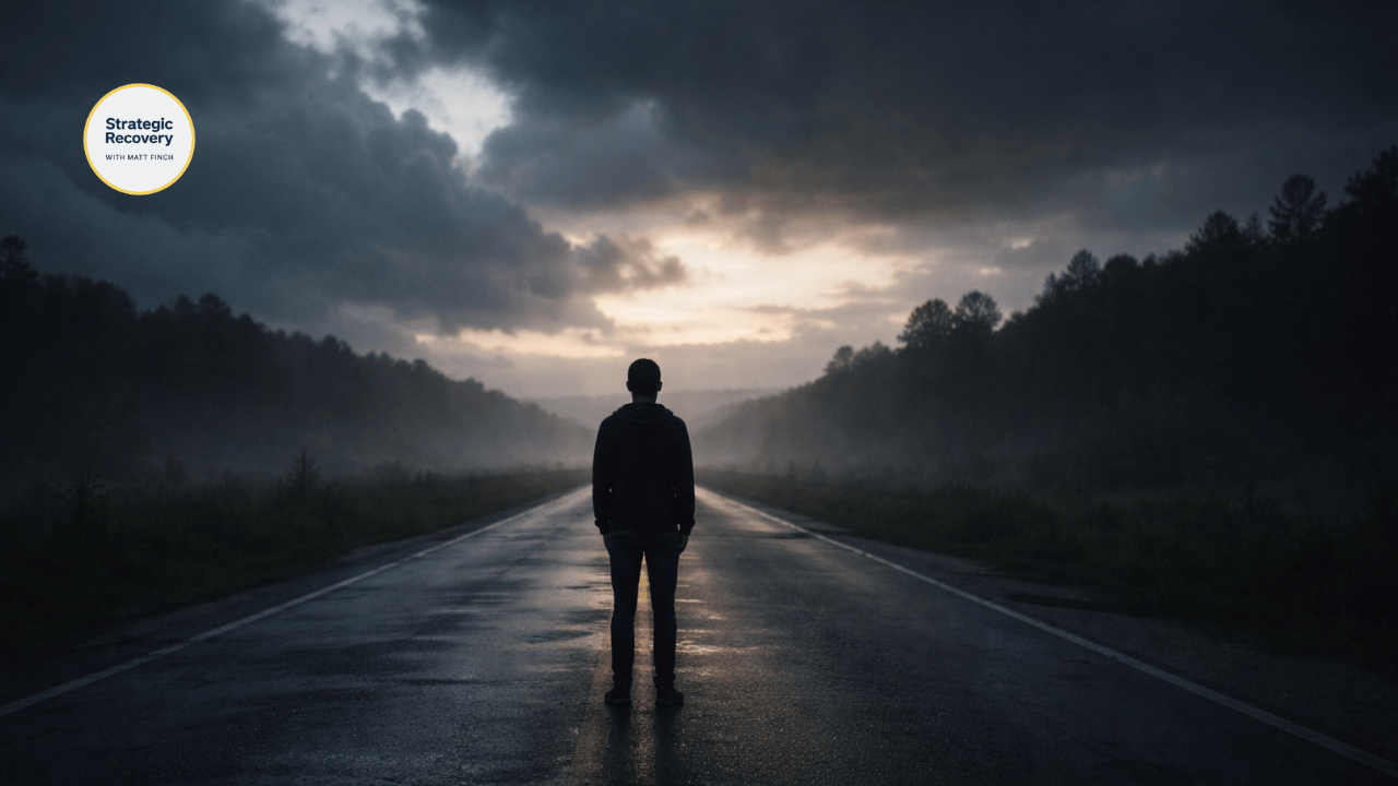 Solitary person standing on an empty road after a storm as dark clouds part and soft light emerges, symbolizing the post-acute withdrawal phase and healing after addiction.
