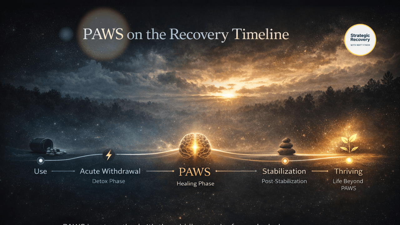Infographic showing the recovery timeline from substance use through acute withdrawal, post-acute withdrawal syndrome (PAWS), stabilization, rewiring, and thriving, highlighting PAWS as a healing phase after detox.